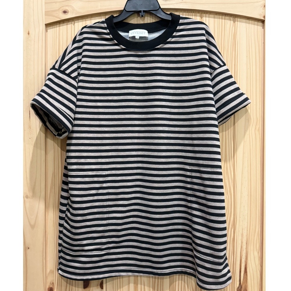 Veveret Women Black Tan Striped French Terry T-Shirt Dress Pockets VT72142 S